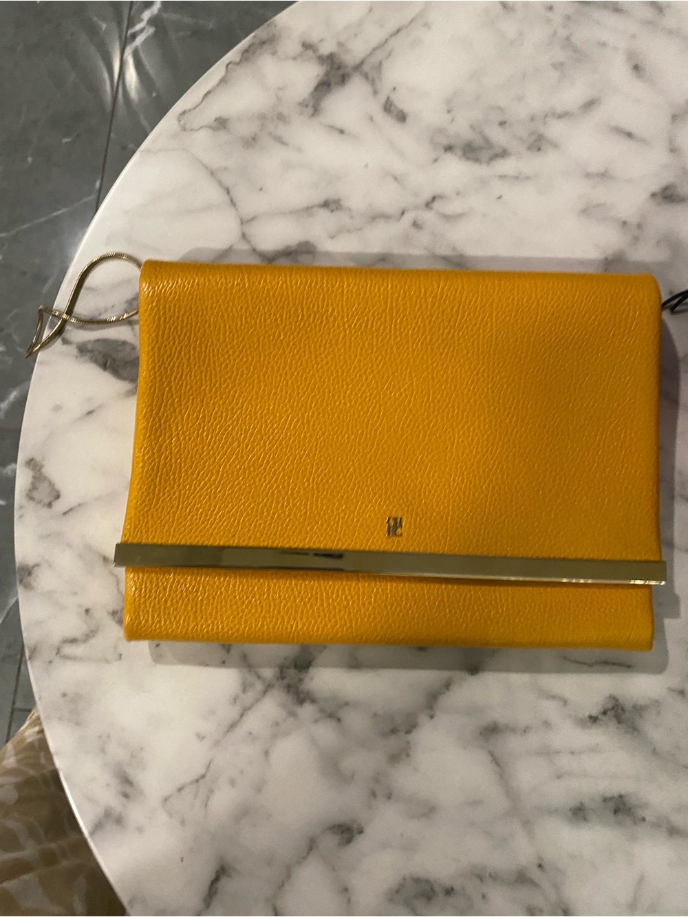 Carolina Herrera Mustard Yellow Leather Clutch with Gold Bar